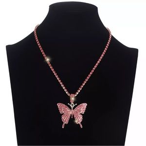 Hip Hop Rhinestone Pink Butterfly π¦ Necklace